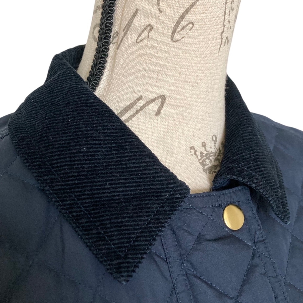 J. Crew Barn Quilted down Jacket Coat size S Navy Blue Corduroy collar Preppy - Picture 13 of 17